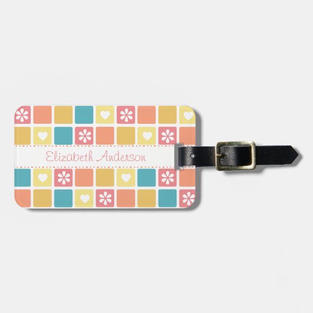 Étiquette À Bagage Fille Coeur Carré Motif Retro Fleurs de marguerite (Devant horizontal)