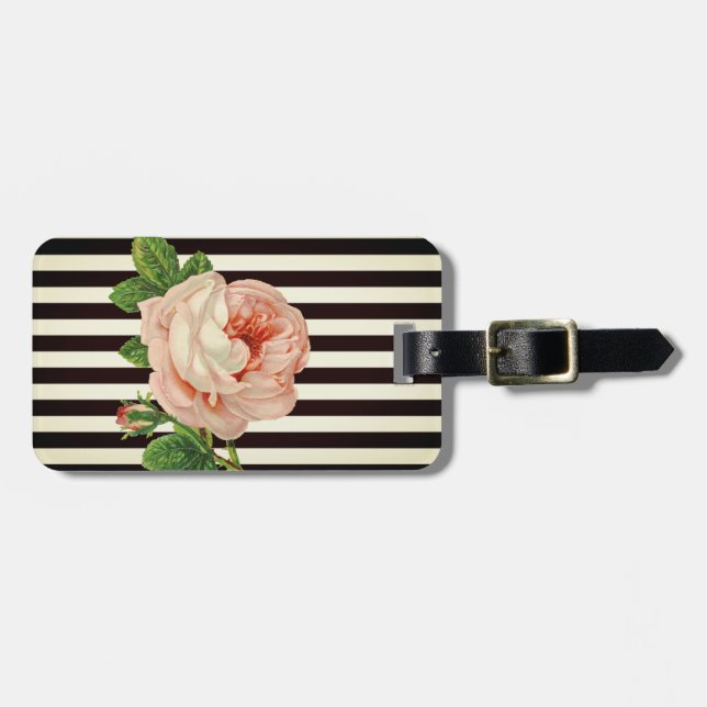Étiquette À Bagage Fille Moderne Fleurs Chic, Blancs Noirs (Devant horizontal)
