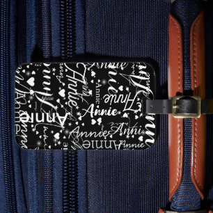 Étiquette À Bagage Fille Nom Coeurs et étoiles Noir et blanc