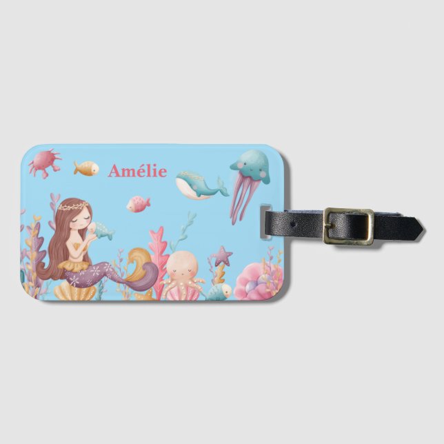 Étiquette À Bagage Fille Sirène personnalisée Océan (Devant Horizontal)