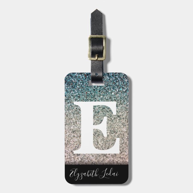 Étiquette À Bagage Fille Turquoise Bleu Argent Ombre Parties scintill (Devant Vertical)