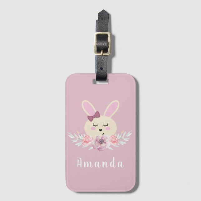 Étiquette À Bagage Filles mignonne Lapin pourpre Nom personnalisé Enf (Devant Vertical)