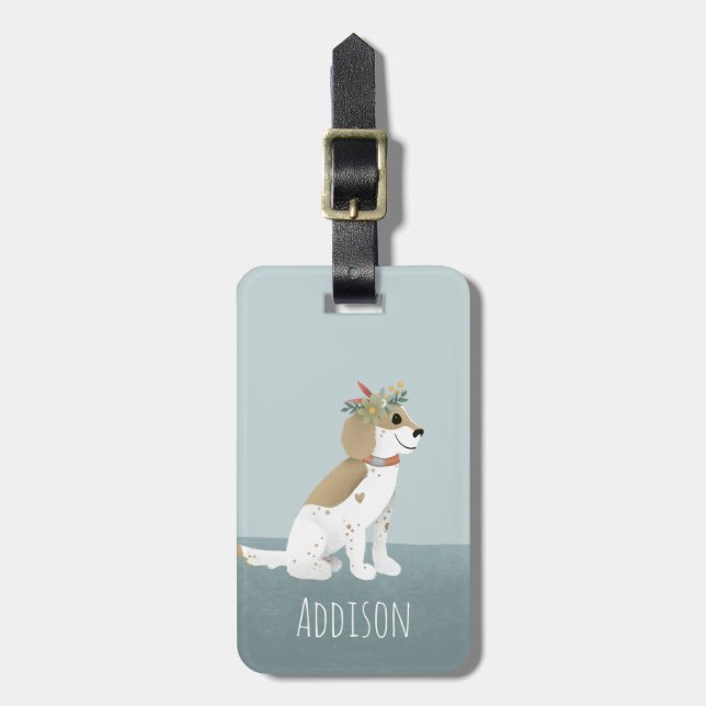 Étiquette À Bagage Filles mignonnes Chiot Cartoon Fleurs Enfants (Devant Vertical)