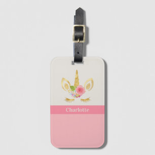Étiquette À Bagage Finition rose Unicorne Or Personnalisée