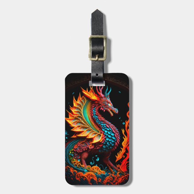 Étiquette À Bagage Fire Dragon Castle Imaginaire Art Mythique Créatur (Devant Vertical)