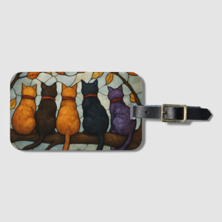 Étiquette À Bagage Five Cats on a Tree Branch Stained Glass Style