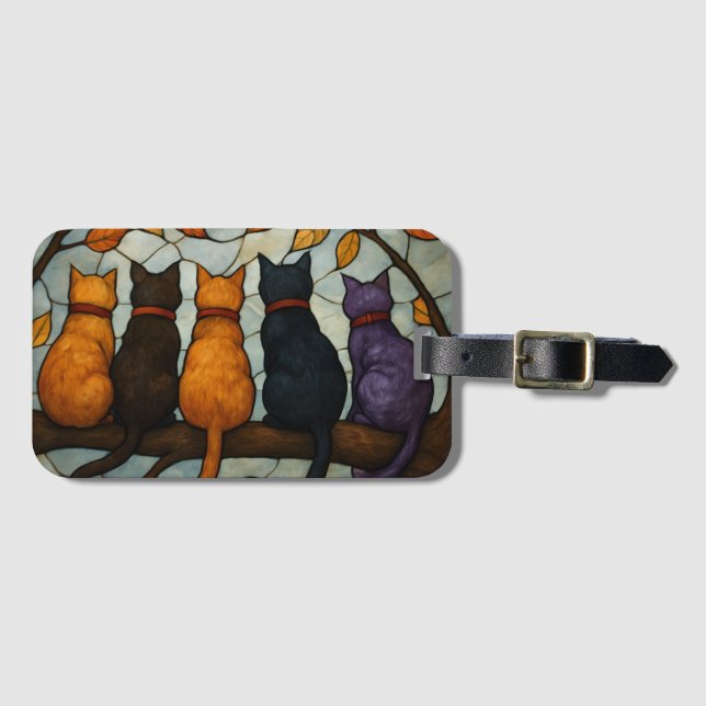 Étiquette À Bagage Five Cats on a Tree Branch Stained Glass Style (Devant Horizontal)
