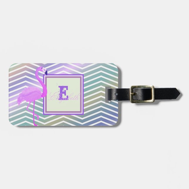 Étiquette À Bagage Flamant rose Chevron Zigzag, Monogramme Personnali (Devant horizontal)