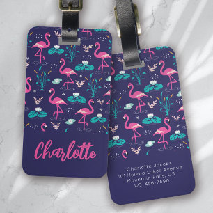 Étiquette À Bagage Flamant rose Été bleu rose Monogramme