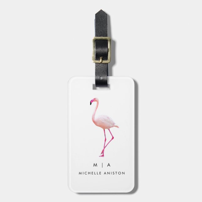 Étiquette À Bagage Flamant rose noir blanc | Monogramme personnalisé (Devant Vertical)