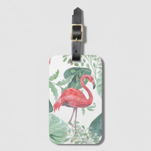 Étiquette À Bagage Flamants roses et feuilles à l'aquarelle.