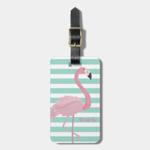 Étiquette À Bagage Flamingo Rose Féminin Sur Rayures Blanches et Ment