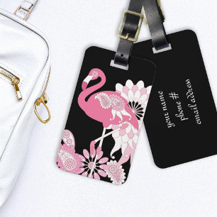 Étiquette À Bagage Flamingo Rose Noir Moderne Fantaisiste