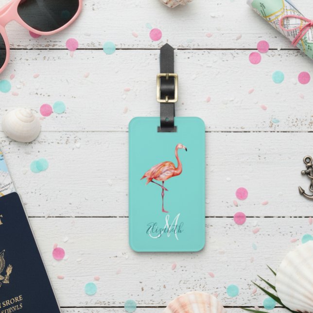 Étiquette À Bagage Flamingo Turquoise  Été Tendance Monogramme Bagage (Créateur téléchargé)