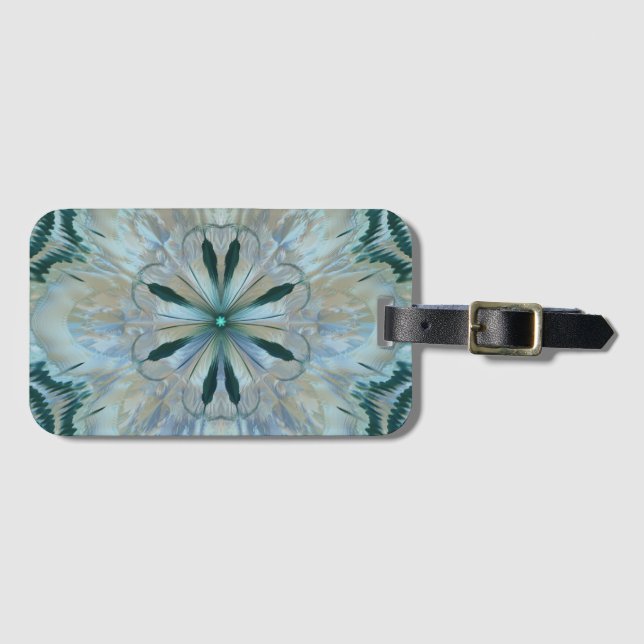 Étiquette À Bagage Fleur Abstraite Fractée Turquoise Blanc Bleu Gris (Devant Horizontal)