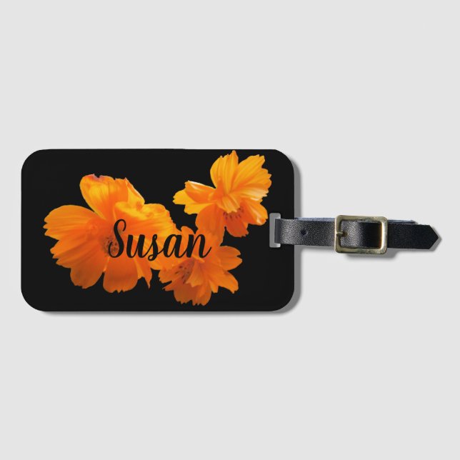 Étiquette À Bagage Fleur de Cosmos orange sur noir (Devant Horizontal)