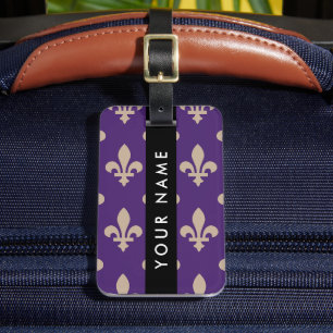 Étiquette À Bagage Fleur de Lis, Beige sur Violet, Royal, Votre Nom