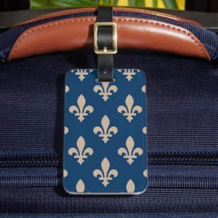 Étiquette À Bagage Fleur de Lis Motif, Royal French, Crème sur Blue