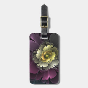 Étiquette À Bagage Fleur fractale grise et pourpre moderne abstraite