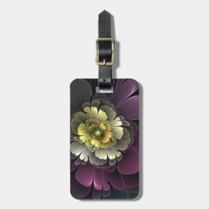 Étiquette À Bagage Fleur fractale grise et pourpre moderne abstraite