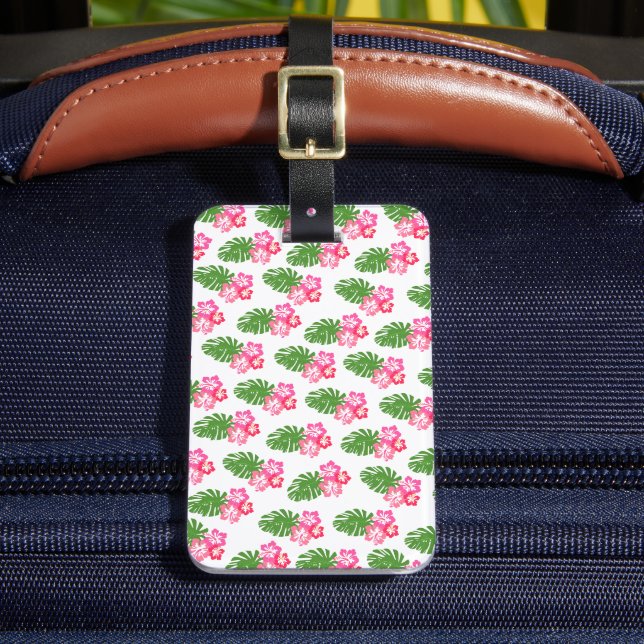 Étiquette À Bagage Fleur Hibiscus Rose Avec Monstera Nom Personnalisé (Insitu Rectoal 2)