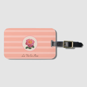Étiquette À Bagage Fleur Rose mignonne sur Coral rose rayé