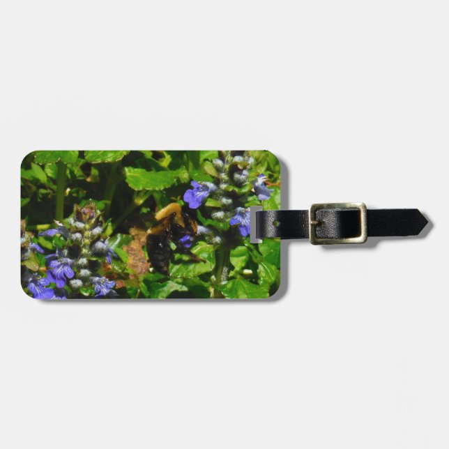Étiquette À Bagage Fleur violette et abeille boursouflante (Devant horizontal)