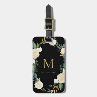 Étiquette À Bagage Fleurs aquarelles avec Monogramme d'huile d'or Noi