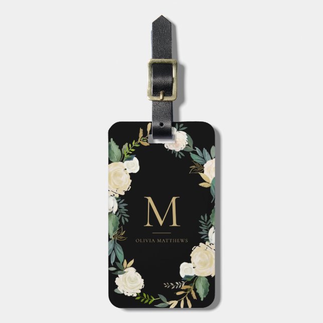 Étiquette À Bagage Fleurs aquarelles avec Monogramme d'huile d'or Noi (Devant Vertical)