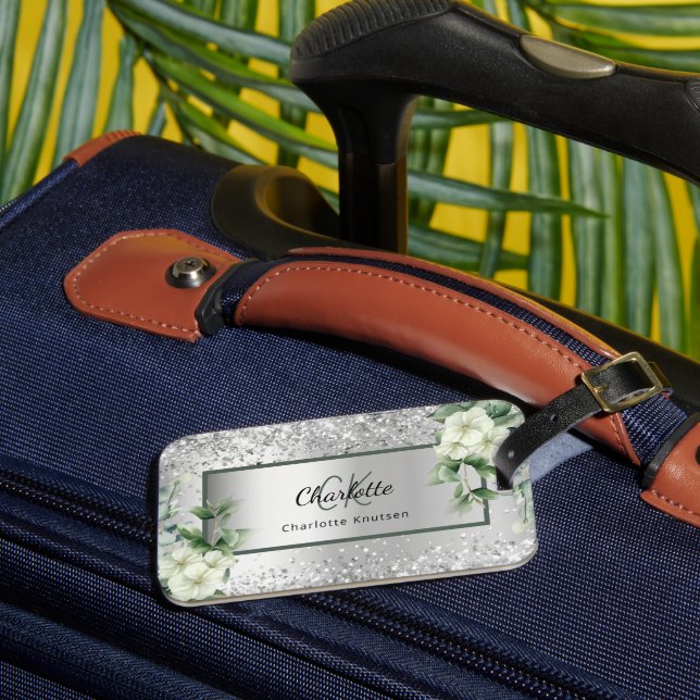 Étiquette À Bagage Fleurs blanches argentées nom monogramme élégant (Insitu Rectoal 3)