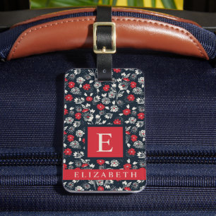 Étiquette À Bagage Fleurs blanches bleu floral rouge bleu marine