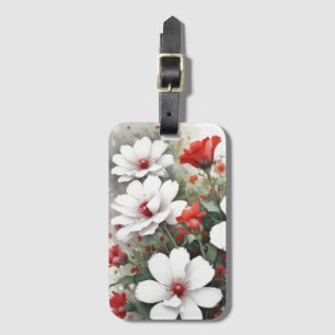 Étiquette À Bagage Fleurs blanches et rouges Elégante aquarelle