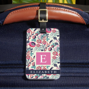Étiquette À Bagage Fleurs blanches florales customisées bleu rose