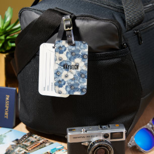 Étiquette À Bagage Fleurs bleues de Denim blanc