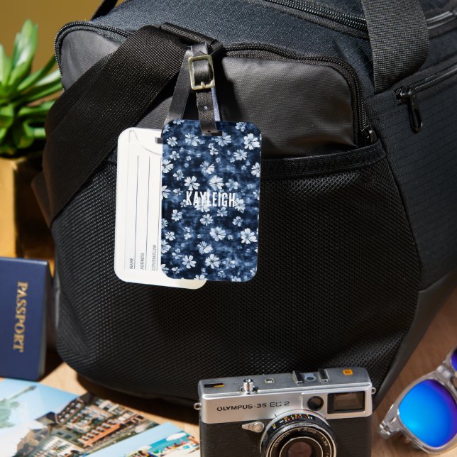 Étiquette À Bagage Fleurs bleues Denim (Recto & Verso)