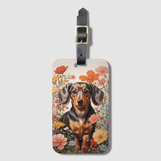 Étiquette À Bagage Fleurs Brown De Dachshund Et Cosmos (Devant Vertical)