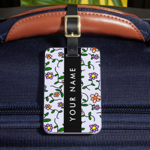 Étiquette À Bagage Fleurs Colorées, Fond Bleu, Noir
