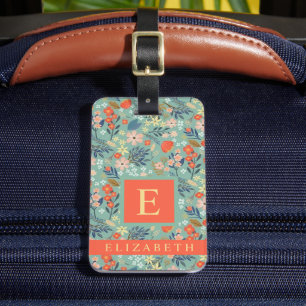 Étiquette À Bagage Fleurs customisées Florales Bleues Roses Oranges