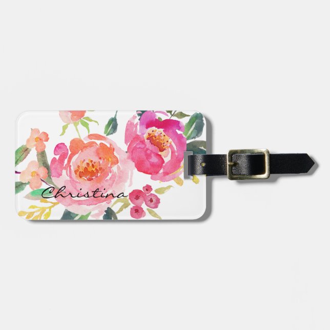 Étiquette À Bagage Fleurs d'aquarelle chic personnalisées-2 (Devant horizontal)