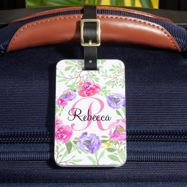 Étiquette À Bagage Fleurs d'aquarelle Monogramme rose (Insitu Rectoal 2)