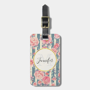 Étiquette À Bagage Fleurs d'aquarelle rose sur bandes Monogramme