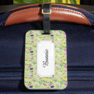 Étiquette À Bagage Fleurs de champ en aquarelle sur vert