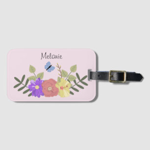 Étiquette À Bagage Fleurs de fille et papillon Pastel Nom rose
