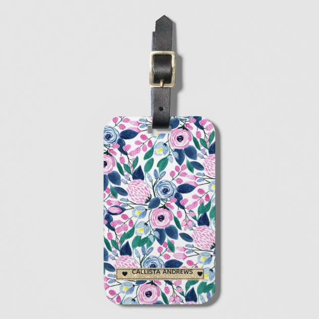 Étiquette À Bagage Fleurs de marine rose douce Aquarelle or Monogramm (Devant Vertical)