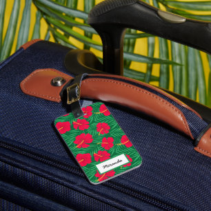 Étiquette À Bagage Fleurs d'Hibiscus Rouge sur Feuilles Tropicales Pe
