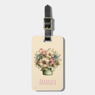 Étiquette À Bagage Fleurs Fantaisistes dans un Pot de Fleurs Mignon
