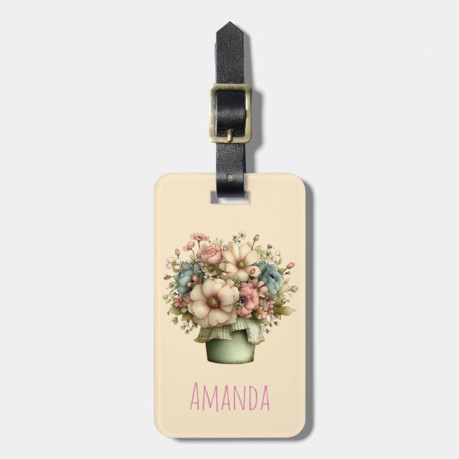 Étiquette À Bagage Fleurs Fantaisistes dans un Pot de Fleurs Mignon (Devant Vertical)