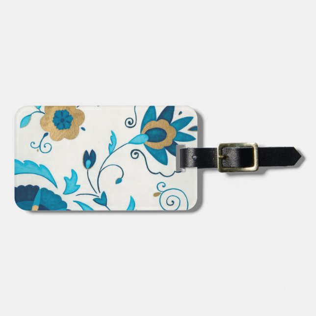 Étiquette À Bagage Fleurs Indigo dorées avec Arrière - plan blanc (Devant horizontal)