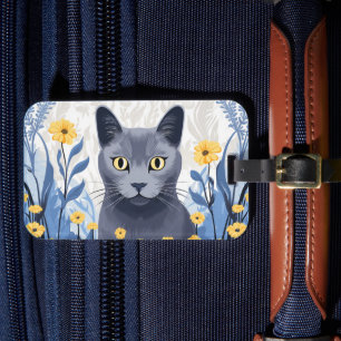 Étiquette À Bagage Fleurs Jaunes Chat Bleu Russe