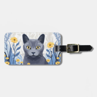 Étiquette À Bagage Fleurs Jaunes Chat Bleu Russe